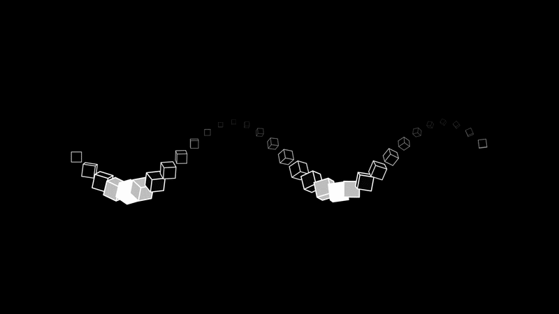 Wireframe cubes arcing along a path